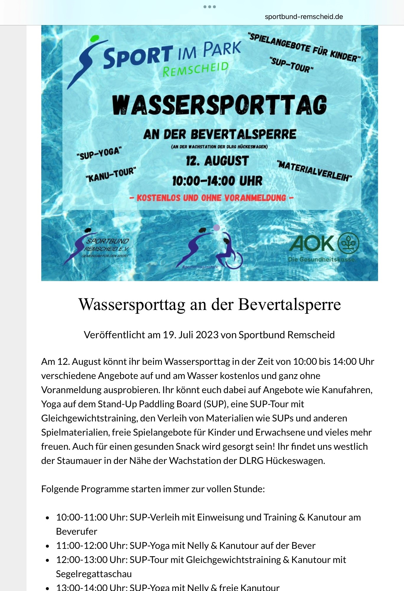 Am 12.08.2023     “Wassersporttag”  an der Bevertalsperre